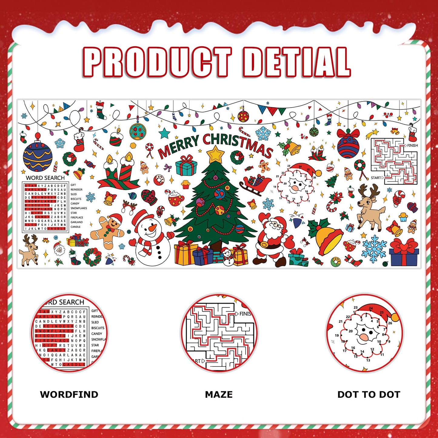 Giant Merry Christmas Coloring Poster - Large Christmas Tree Coloring Tablecloth, DIY Xmas Table Cloth Jumbo Banner Paper Craft for Gifts Activities