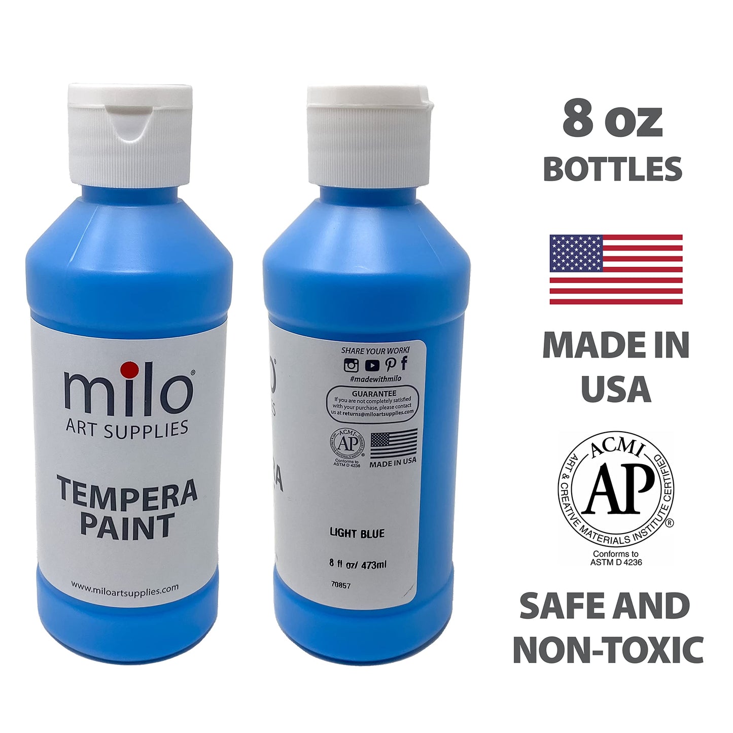 milo Kid's Washable Tempera Paint Set, 12 Primary Colors, 8 oz Bottles
