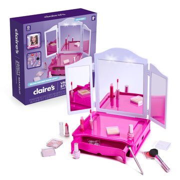 Claire's Makeup Vanity with Light-Up Tri-Panel Mirror, 13-Piece Real Cosmetic Set, Pretend Play Makeup for Kids 8-12, Girl Toys & Beauty Activity Gift