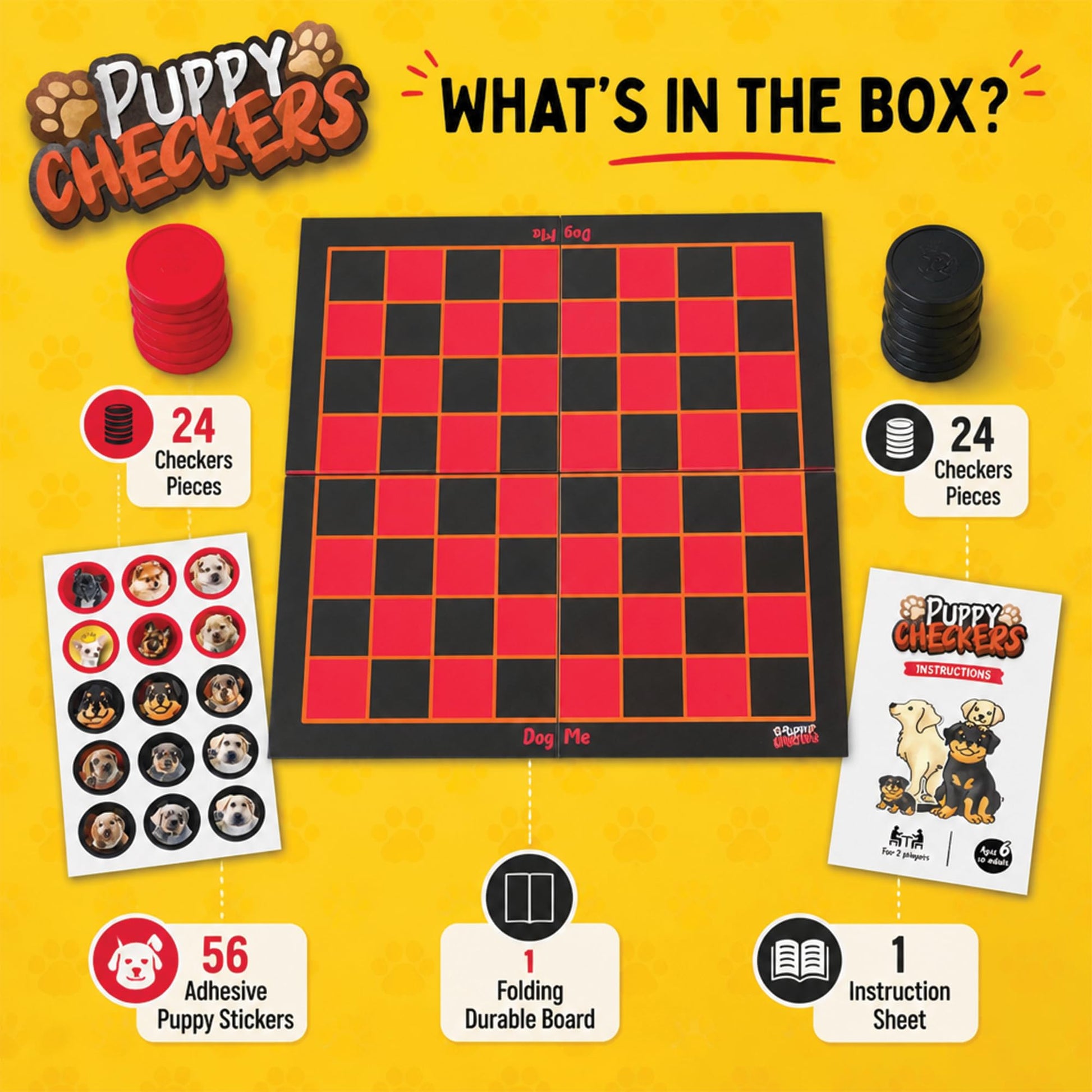 Puppy Checkers Board Game for Kids 8-12 and 4-8 with 56 Adhesive Dog Stickers - Fun Learning Game for Game Night | Great for Grandkids