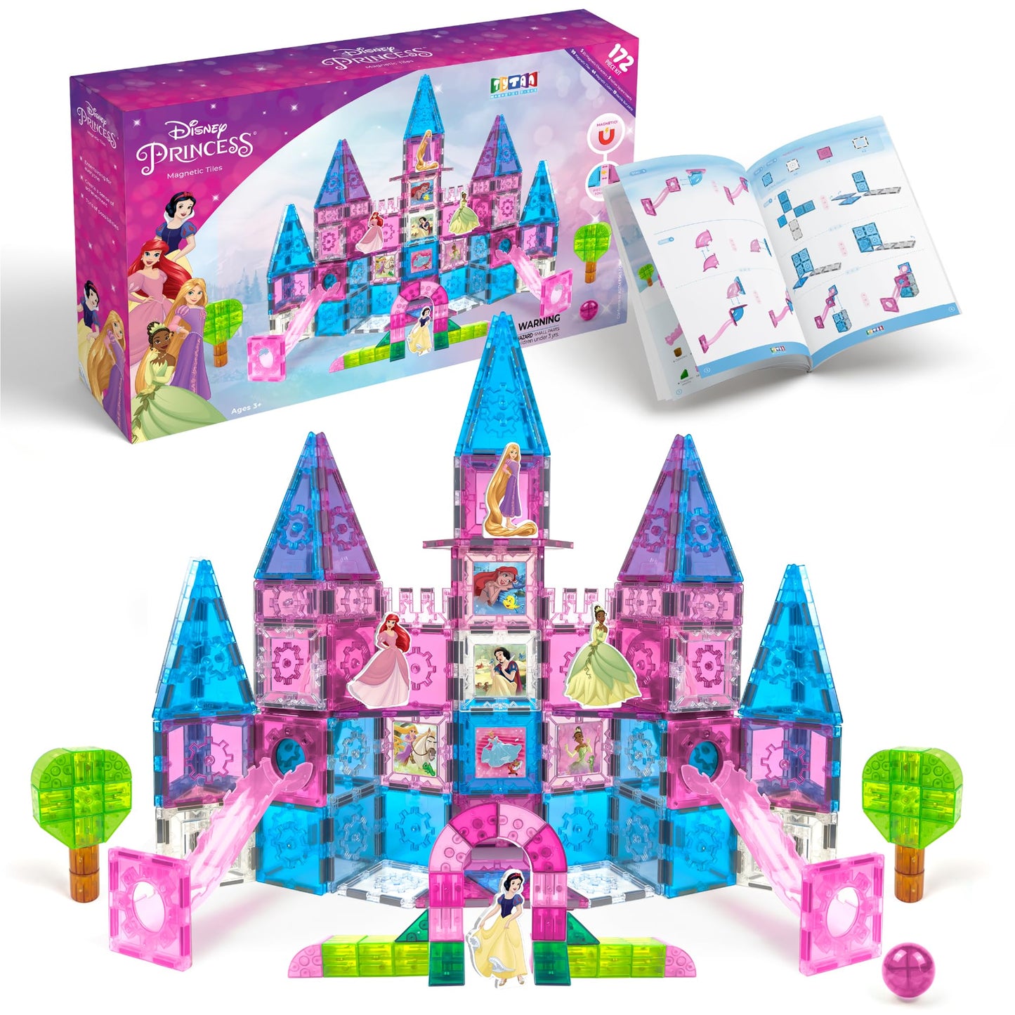 Disney Princess Toys Magnetic Tiles Castle Set - 172-Piece STEM Building Toy with Ariel, Moana, Snow White, Tiana & Rapunzel Characters, Marble Run