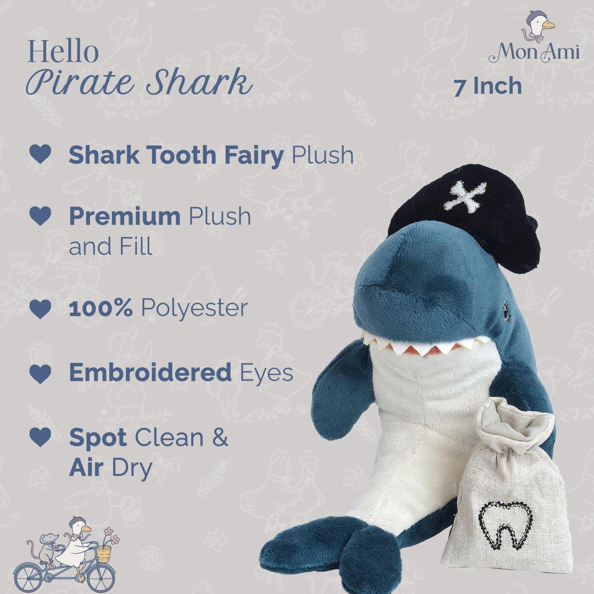 MON AMI Pirate Shark 7-Inch Stuffed Animal, Tooth Fairy Plush Toy Boys