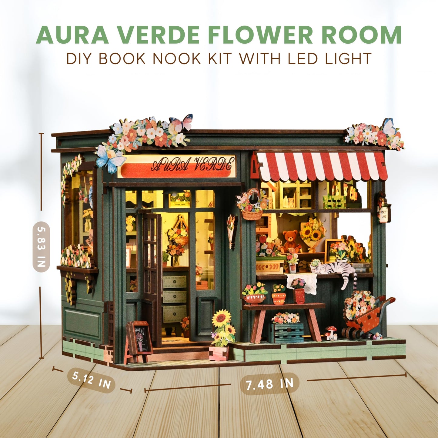 Nimpro DIY Book Nook Kit with LED Lights - 3D Wooden Puzzles for Adults (Aura Verde Flower Room)