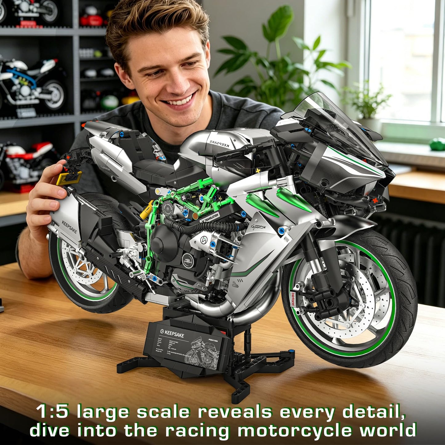 Flubecrux Technical Motorcycle Building Block Sets, 1:5 Motorbike Building Toys Collectible Display Model Kits with Display Stand Fathers Day Birthday