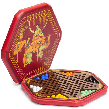 Yellow Mountain Imports Classic Chinese Checkers Halma Board Game Set with Storage, 12.6-inch Wooden Board, and Solid Color 16-Millimeter Glass