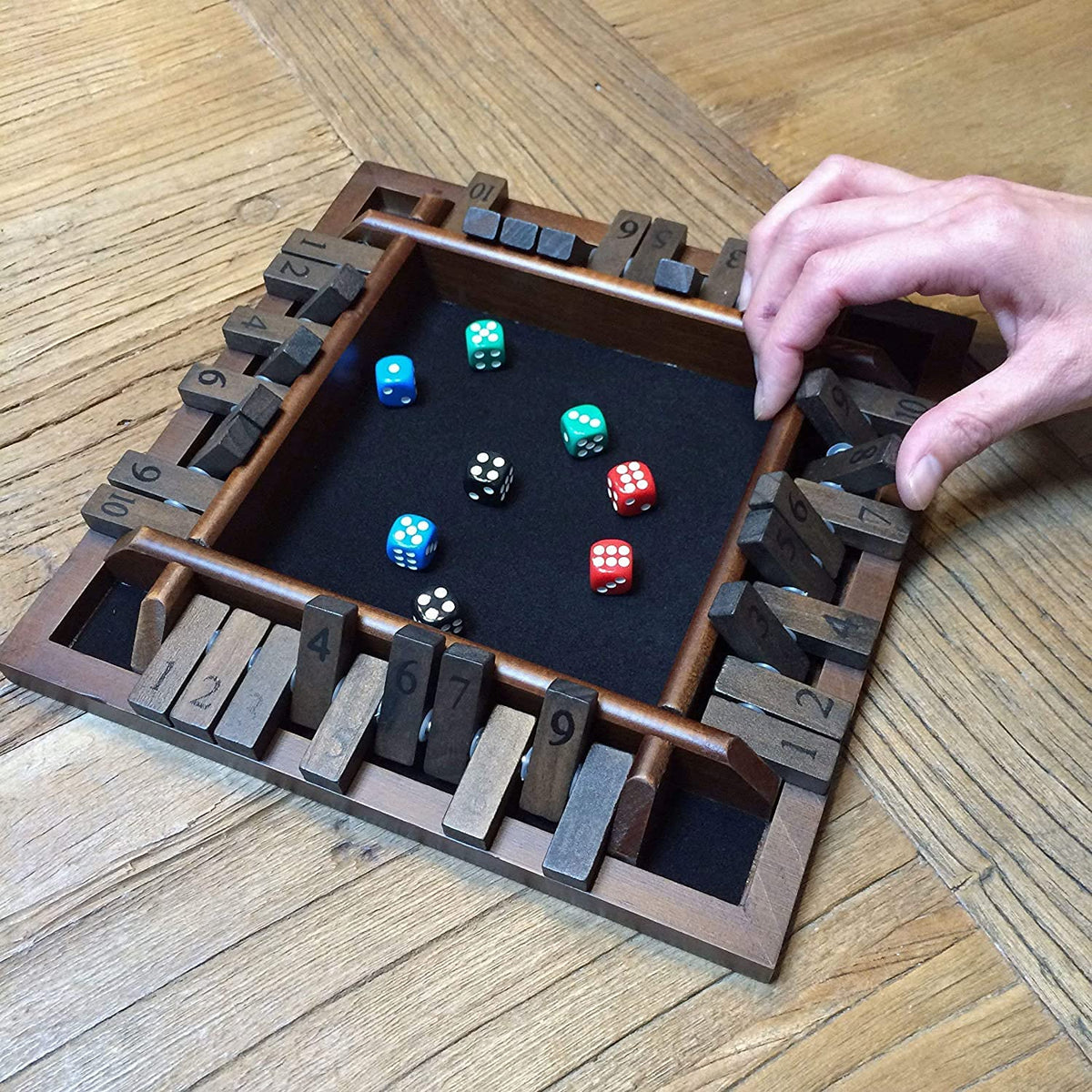 WE Games Shut the Box Wooden Board Game - Classic 4 Player Table Top Math Dice Game, Walnut Stained Wood, 8.5 inch Travel Size, 10 Numbers, for