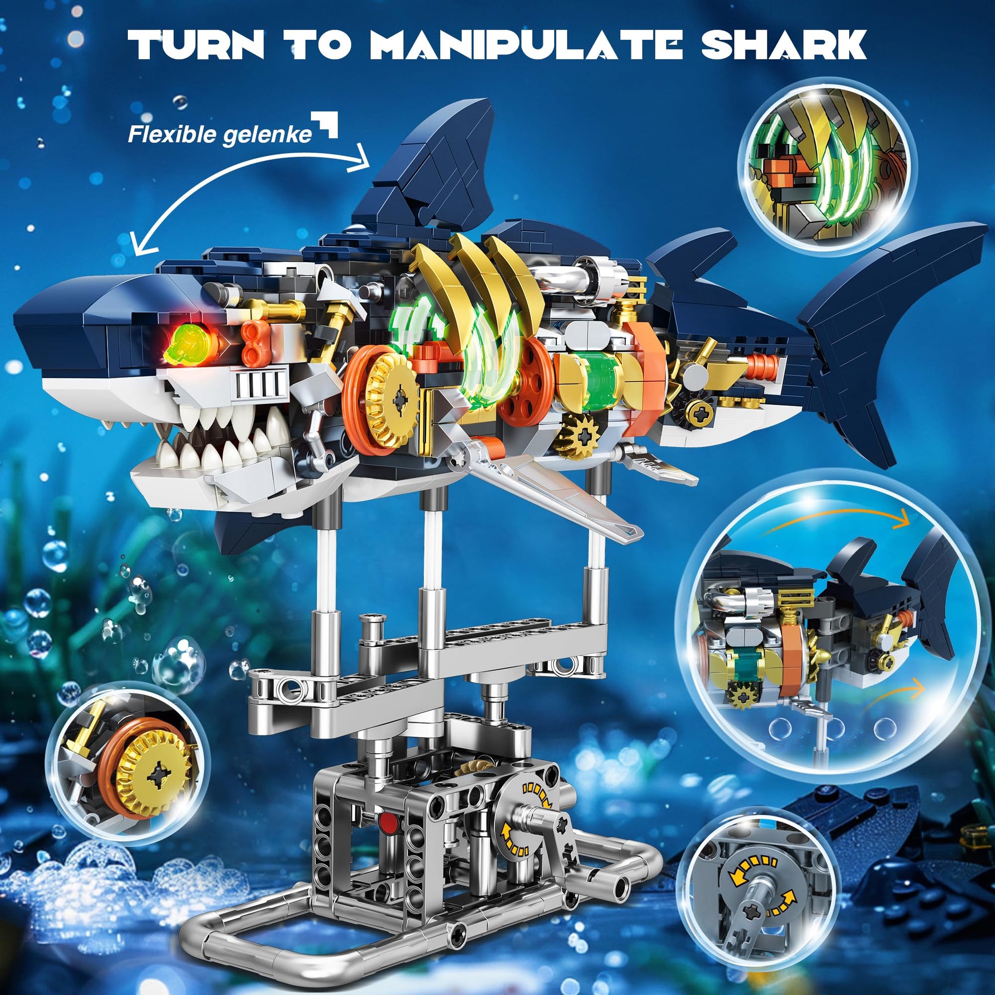 Jorumo Shark Building Block Set for Boy 8-12, Ideas Sea Animal Building Blocks Toys with Lighting and Rotatable Link Components, STEM Toys for Kids