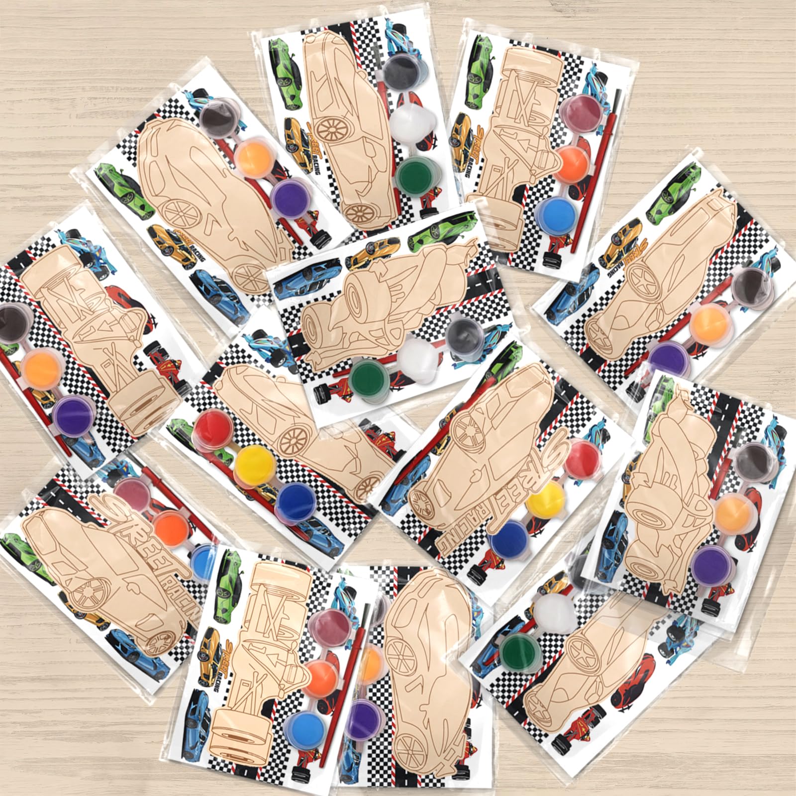 QICI Race Car Wooden Painting Kit Large Race Car Cards with Wood Painting Crafts Bulk -12 PCS Racing Birthday Party Supplies - Thank You for Coming