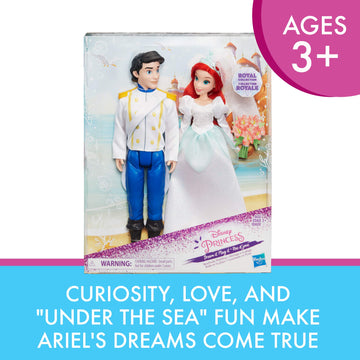 Disney Princess Ariel and Prince Eric, 2 Fashion Dolls from The Little Mermaid Movie, Doll in Wedding Dress, Tiara, and Shoes Toy, Brown