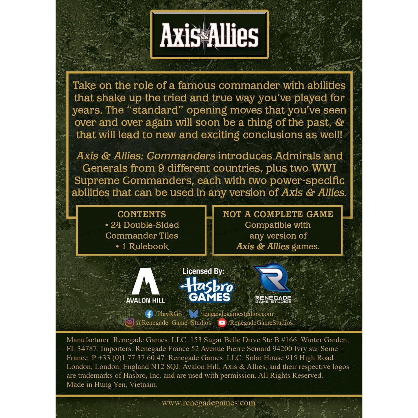 Renegade Game Studios Axis & Allies Commanders Expansion - 24 Double-Sided WWII Leader Tiles Strategy Game Accessor