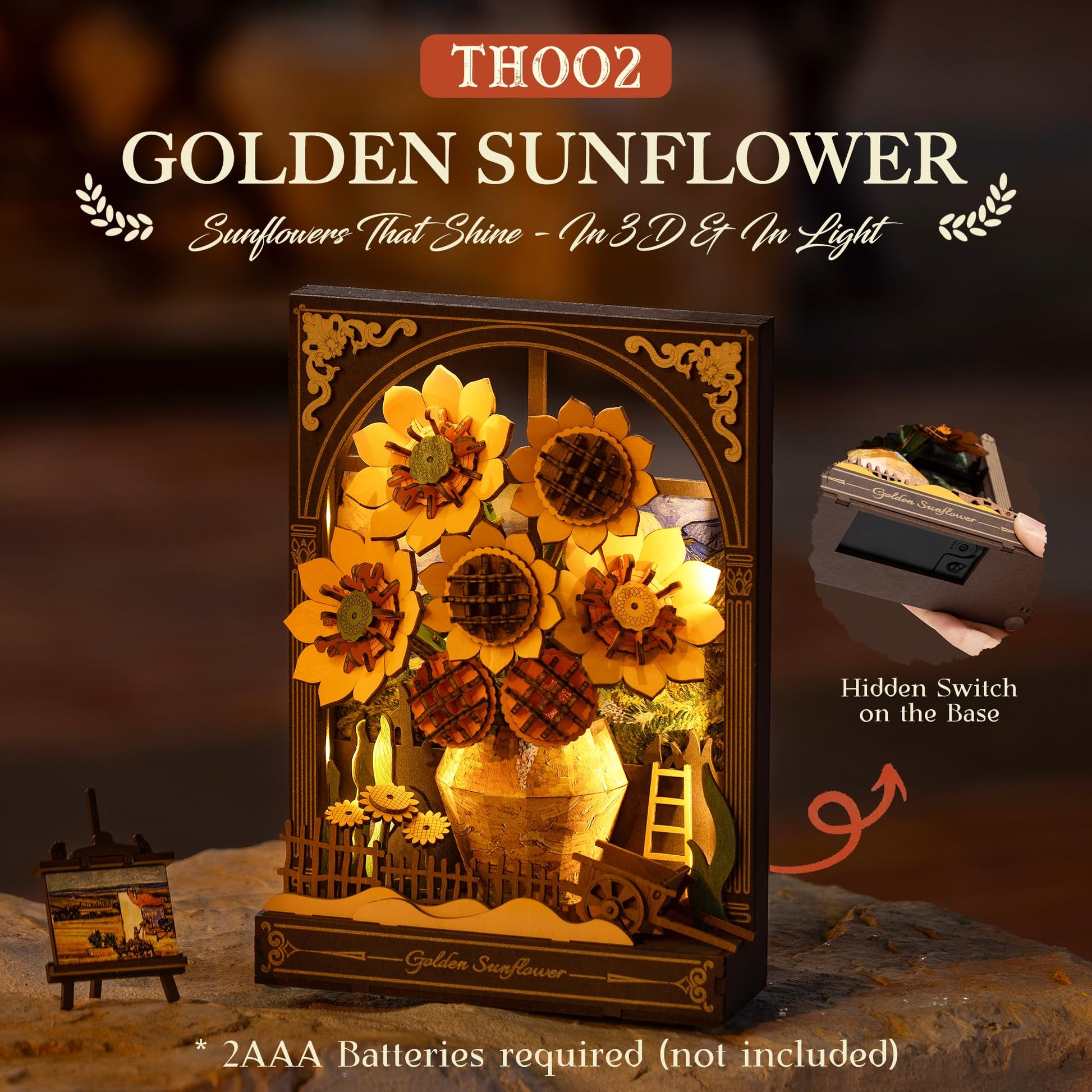 ROBOTIME Wooden Flower Golden Sunflower Building Sets for Adult with Lights TH002, Van Gogh Wall Art Crafts, Painting Frame Room Decor, Valentine's