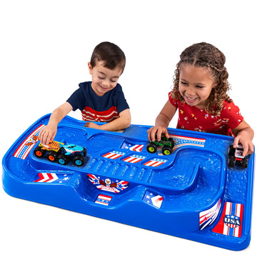 Simplay3 Portable Carry and Go Kids Race Track Toy Car Train Table, 2-Sided No Assembly for Children 3 4 5 6 7 Years Old Boys Girls, Made in USA, Red