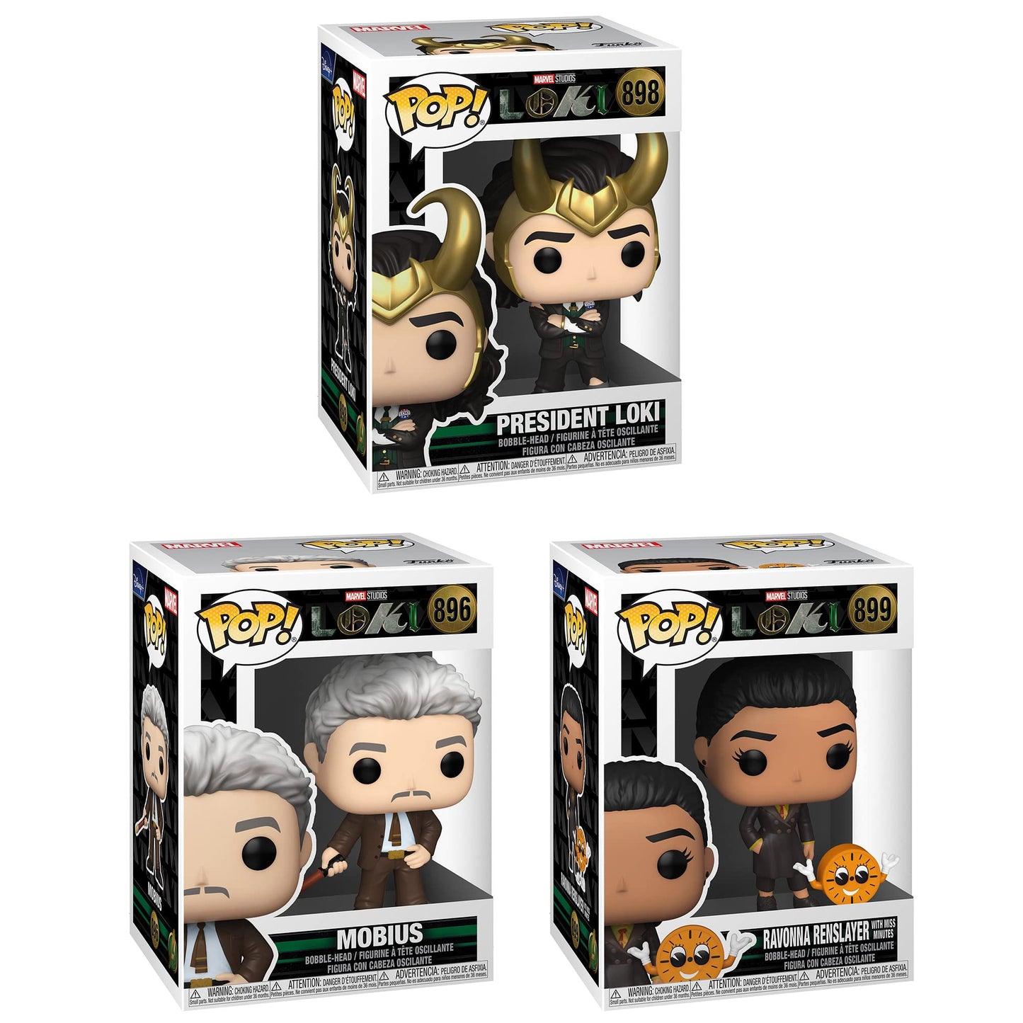 Funko Marvel: POP! Loki Collectors Set 2 - Mobius, President Loki, Ravonna Renslayer with Miss Minutes, Collectors Item, Figures Stand 3.75" Tall