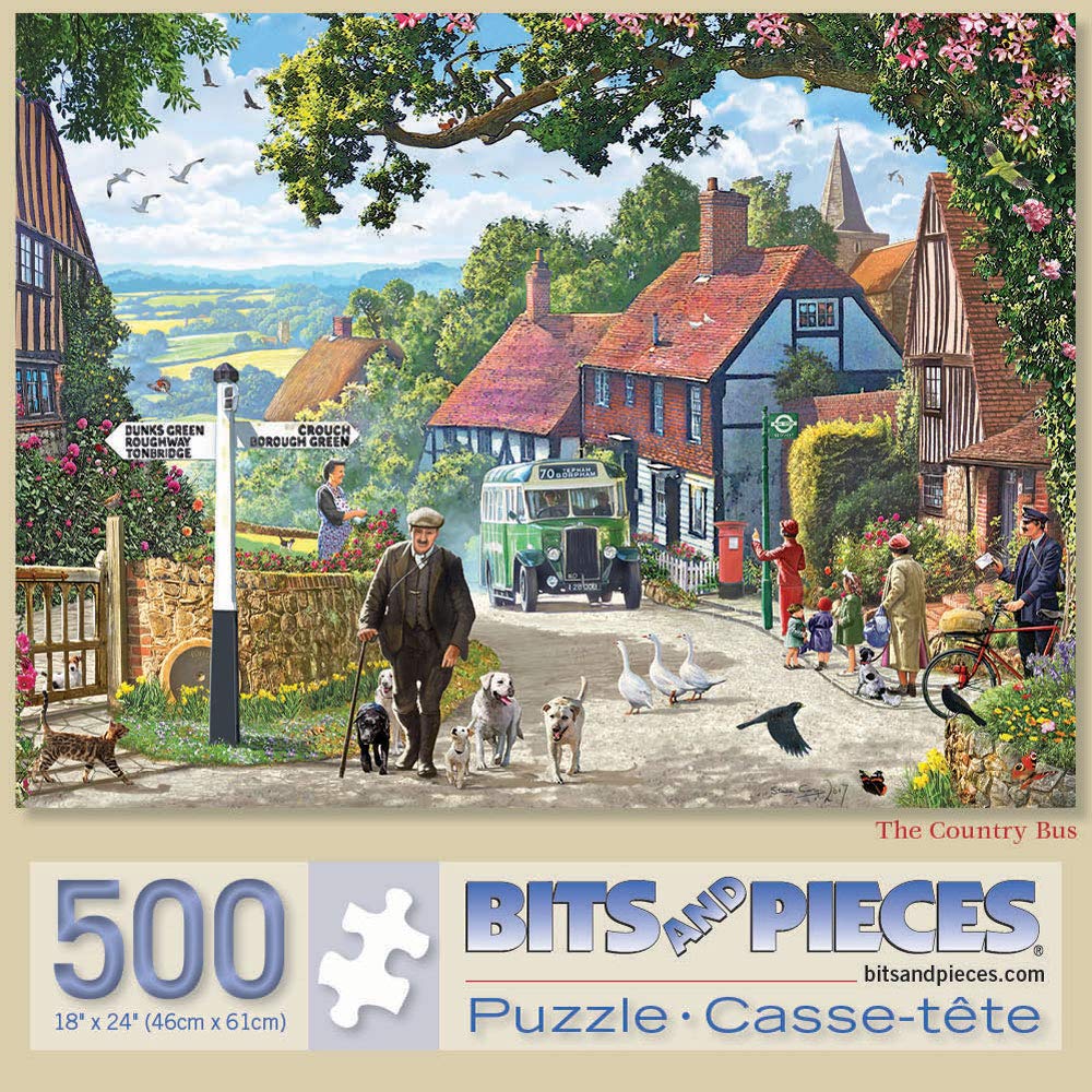 Bits and Pieces - 500 Piece Jigsaw Puzzle for Adults - The Country Bus - Small Town in The English Countryside Jigsaw Puzzle by Artist Steve Crisp