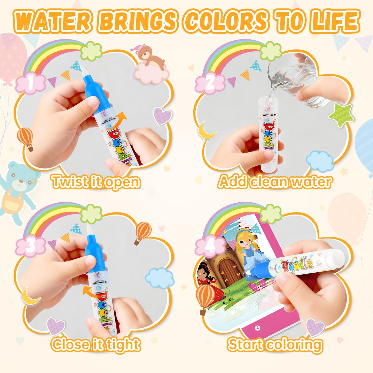 6P Water-Reveal Coloring Book for Toddlers-Mess Free Reusable Water Painting Pad with Pen,6 Fun Themes for Boys & Girls,Travel Activities,Party