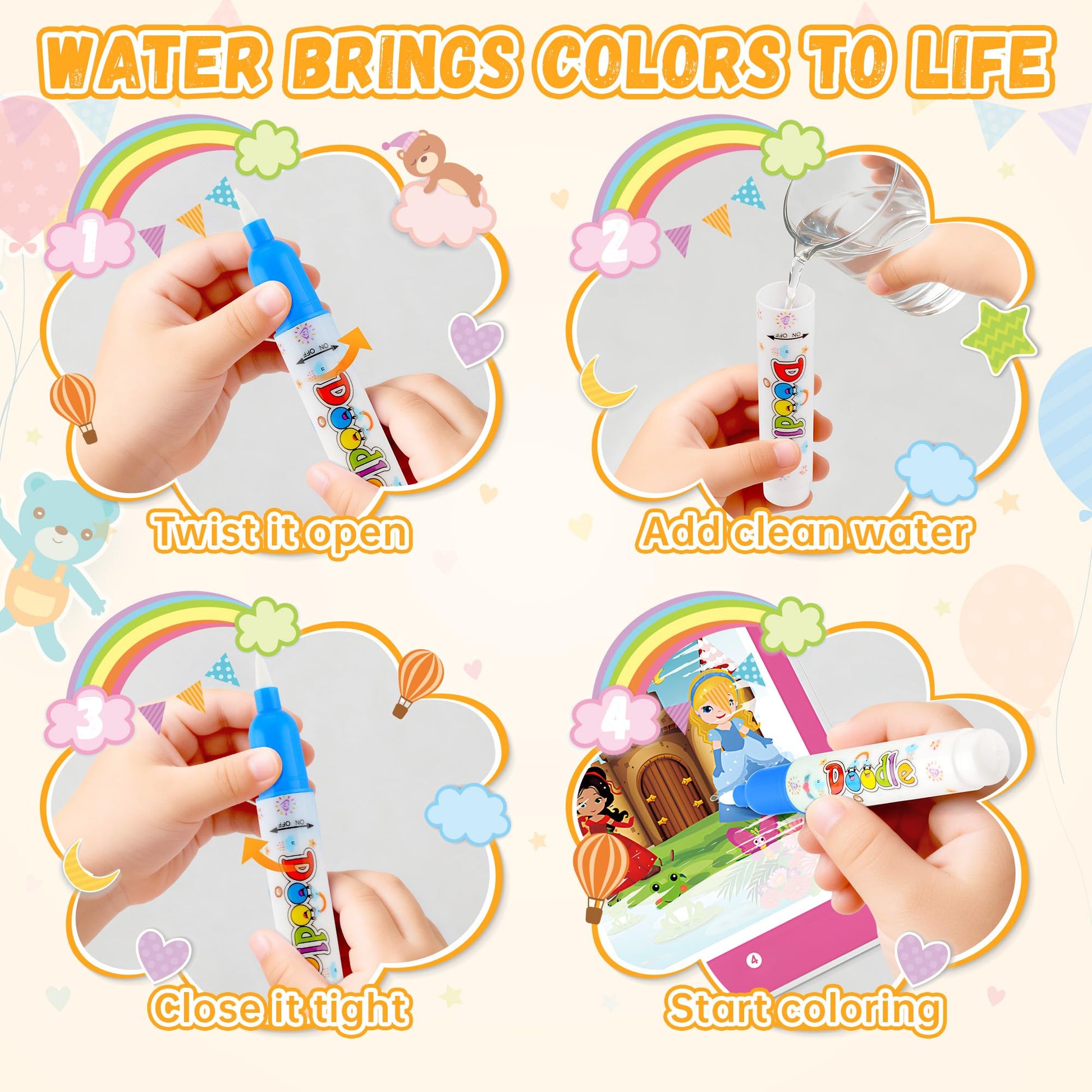 6P Water-Reveal Coloring Book for Toddlers-Mess Free Reusable Water Painting Pad with Pen,6 Fun Themes for Boys & Girls,Travel Activities,Party