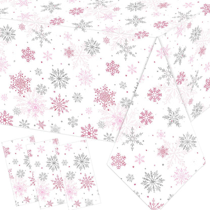 YTGUVBK Winter Snowflake Tablecloth 3pcs Pink Christmas Decorations Snowflake Plastic Table Cloth Winter Wonderland Disposable Table Cover
