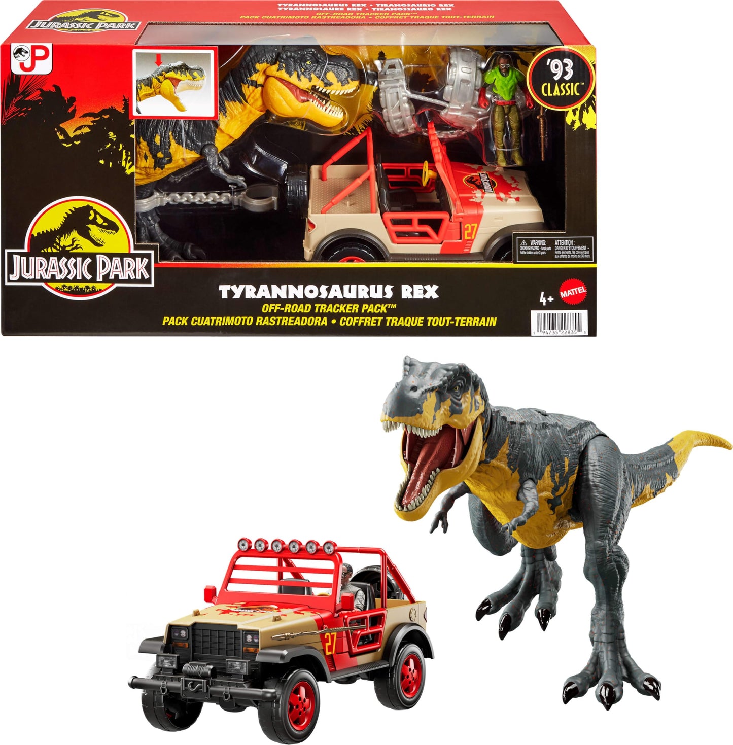 Mattel Jurassic Park ’93 Classic Set, T. rex, Ray Arnold Action Figure, Vehicle