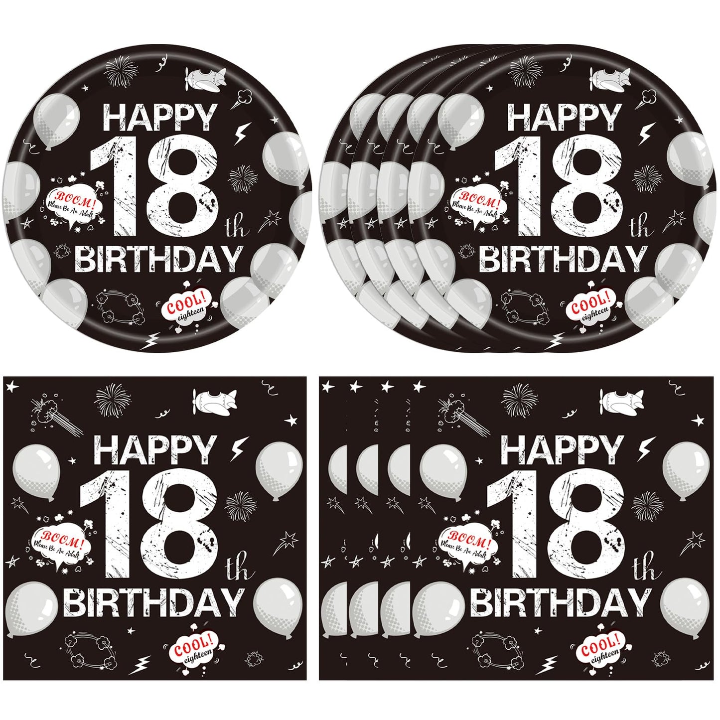 40Pcs 18th Birthday Decorations for Boys Girls,18th Birthday Plates and Napkins Black and White Disposable Party Tableware Set for Time To Adult 18