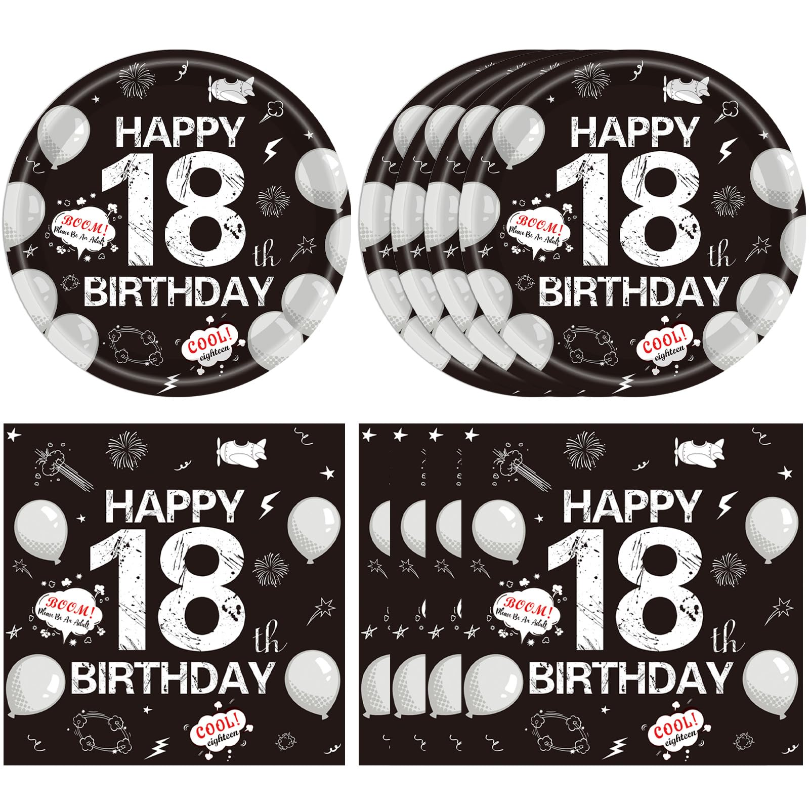 40Pcs 18th Birthday Decorations for Boys Girls,18th Birthday Plates and Napkins Black and White Disposable Party Tableware Set for Time To Adult 18