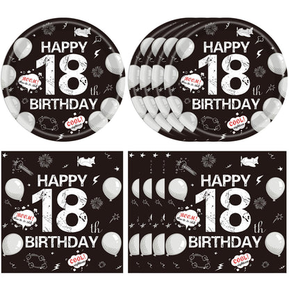 40Pcs 18th Birthday Decorations for Boys Girls,18th Birthday Plates and Napkins Black and White Disposable Party Tableware Set for Time To Adult 18