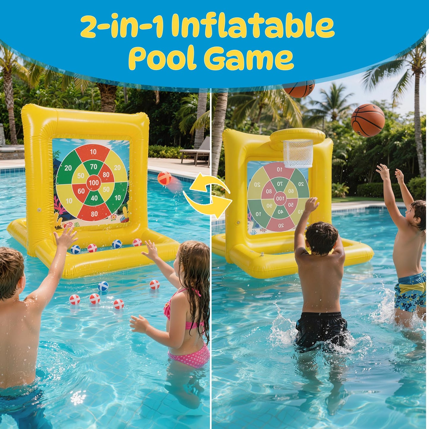 TicTac Shot Pool Toys Games for Kids & Adults, 2-in-1 Pool Basketball Hoop & Dart Target, Family Pool Party Games with Multiple Balls (Yellow)