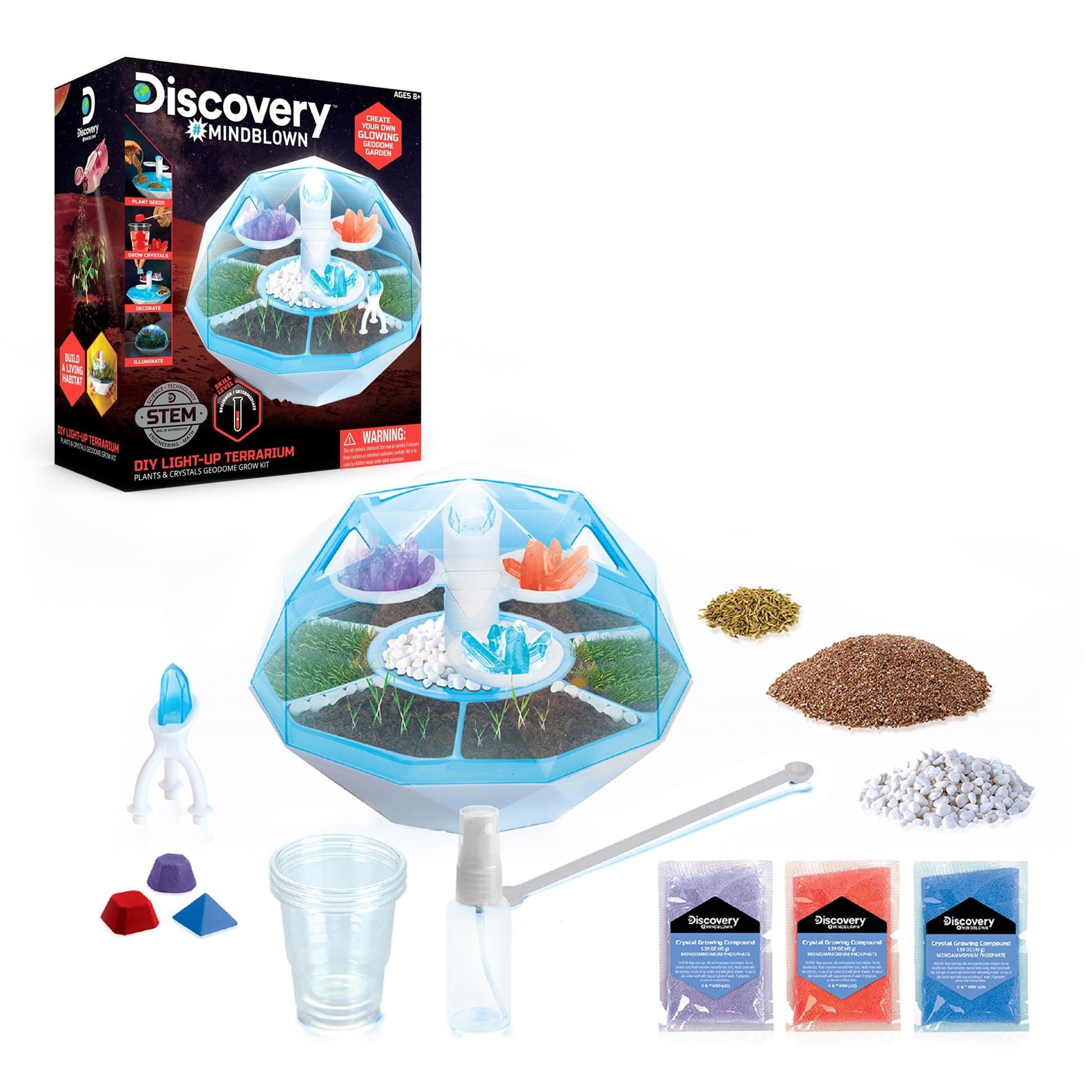 Discovery™ DIY Light-Up LED Terrarium - Plants & Crystals Geodome Grow Kit, 3 Colorful Crystal Formations, Rye Grass, Education STEM Activity Set
