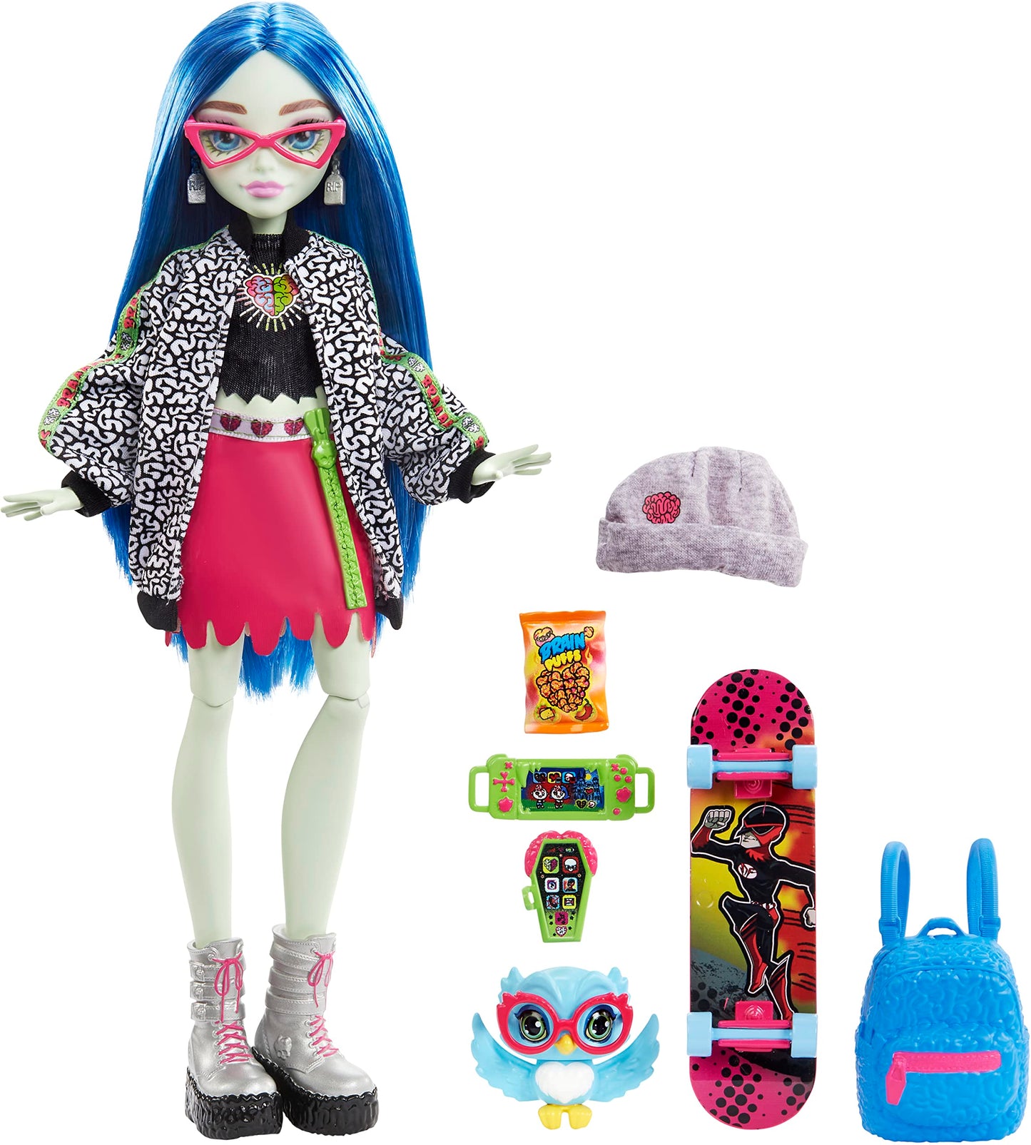 Monster High Ghoulia Yelps Posable Doll (10.3 in) with Blue Hair, Pet and Accessories