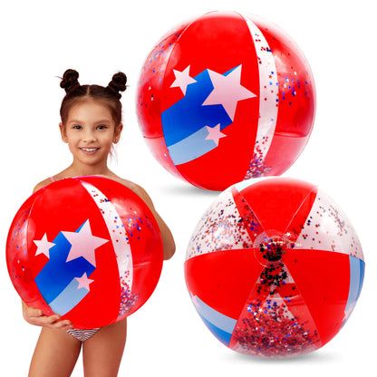 4E's Novelty 22" Patriotic Beach Balls - 2 Pack with Glitter Inside, Red White Blue Beach Balls for Kids & Adult, 4th of July Party Decorations