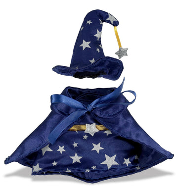 DolliBu Wizard Stuffed Animal Dress Up Set - Cute Teddy Bear Wizard Costume with Blue Cape and Hat with Silver Stars - Large for 8 to 10 Inch Plush