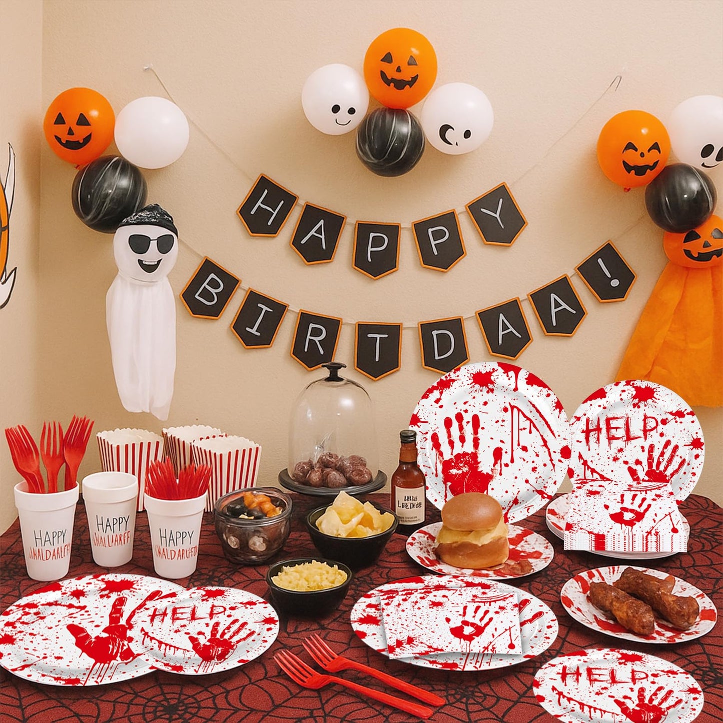 100 Pieces Halloween Bloody Handprint Tableware Set, Blood Splatter Plates, Napkins, and Red Plastic Forks for Halloween, Horror Birthday, Zombie