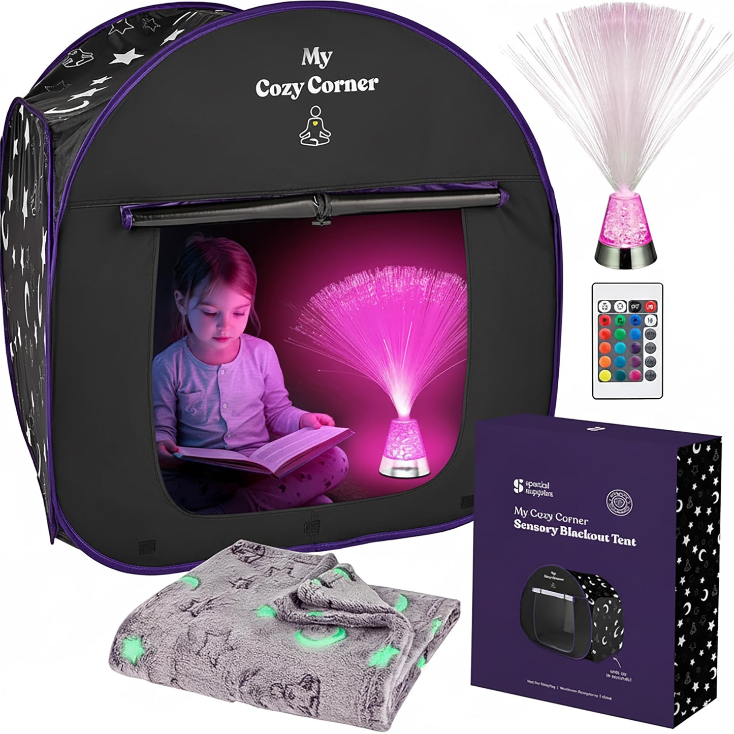 Special Supplies Blackout Sensory Tent for Kids, Pop Up Calming Play Room with Fiber Optic Lamp and Glow-in-the-Dark Fuzzy Blanket