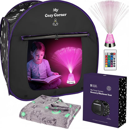 Special Supplies Blackout Sensory Tent for Kids, Pop Up Calming Play Room with Fiber Optic Lamp and Glow-in-the-Dark Fuzzy Blanket