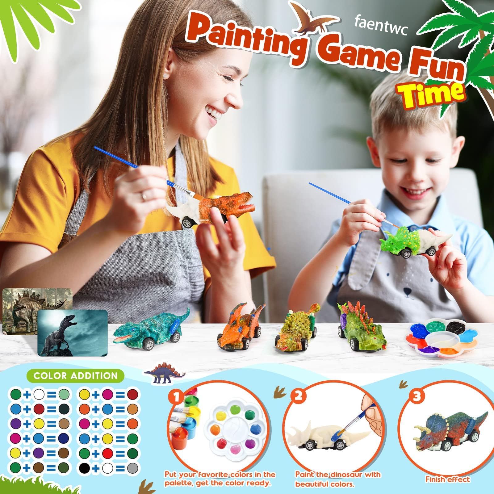 faentwc Dinosaur Painting Toys for Kids 5-7: Birthday Gifts for Kid Age 3-12 2 in 1 Dino Arts Painting Kits and Pull Back Cars Toy for Boys 4 5 6 7 8
