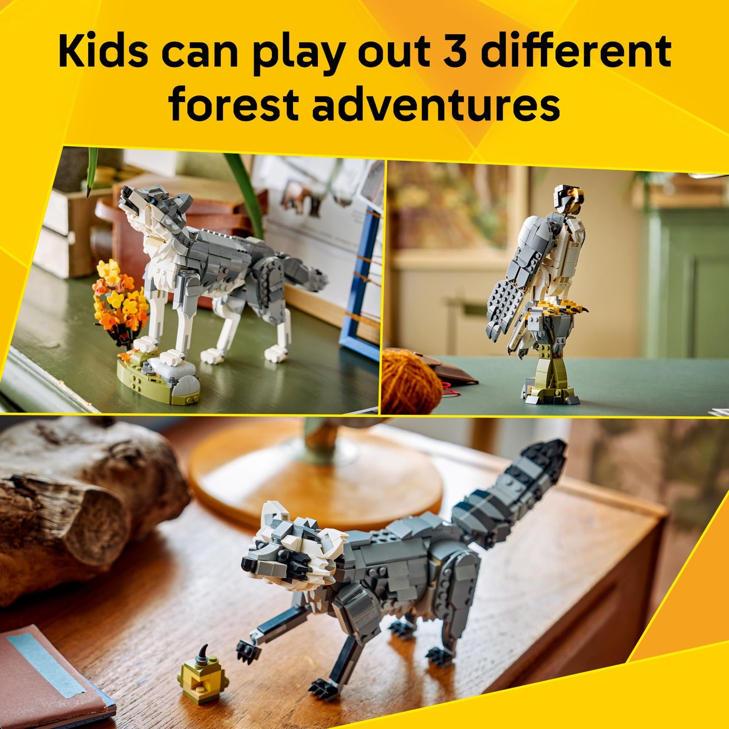 LEGO Creator 3 in 1 Forest Animals: Gray Wolf - Building Toy for Boys & Girls, Ages 8+ - Build a Wolf, Falcon or Raccoon - Gift for Kids' Birthdays -