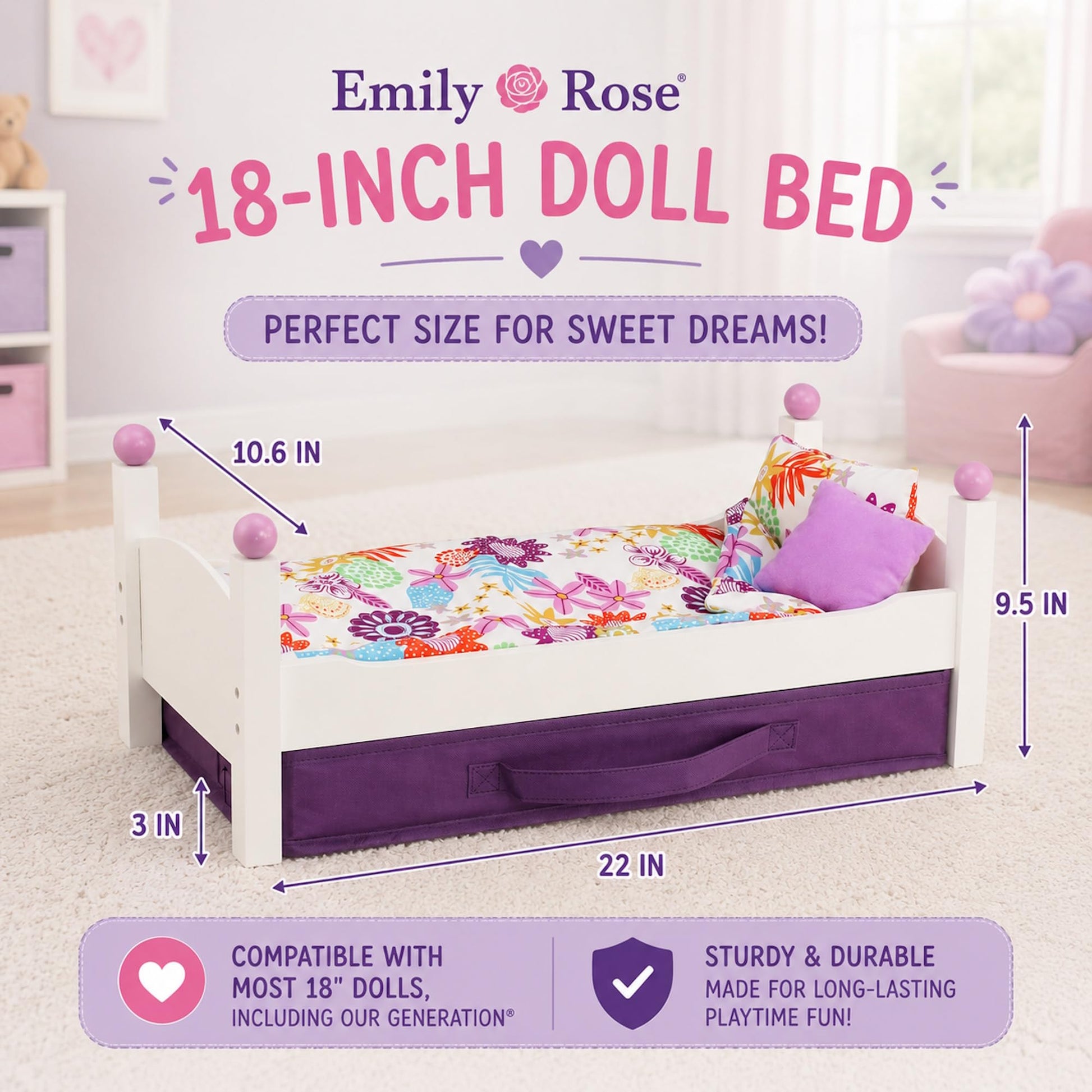 Emily Rose 18 Inch White Stackable Doll Bed with 4PC Bedding & Storage Bin