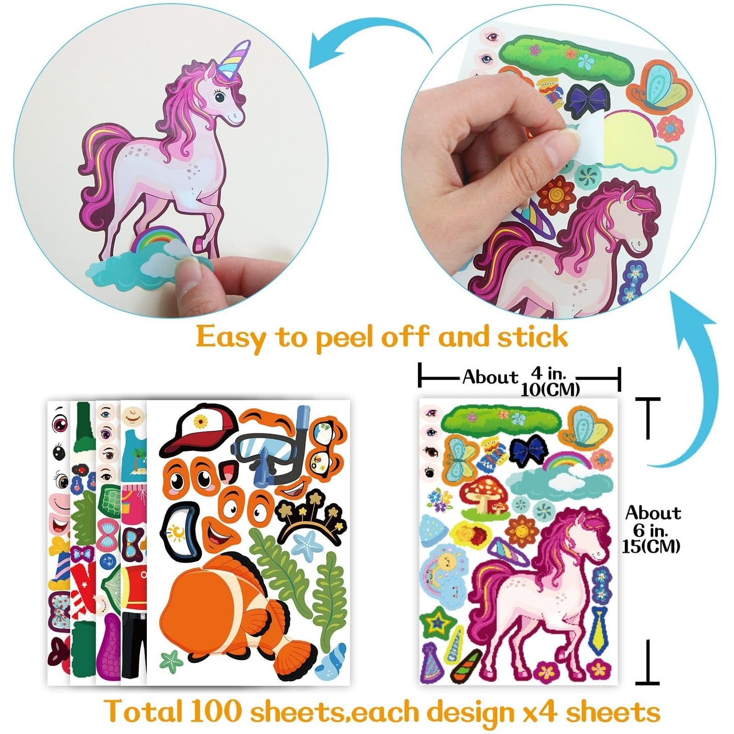 100 Pack DIY Make Your Own Animal Face Stickers - 25 Designs, Funny Mermaid Princess Prince Face Stickers for Kids, Party & Festival Favor, School