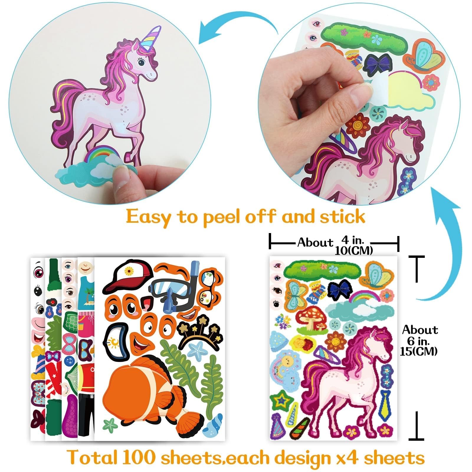 100 Pack DIY Make Your Own Animal Face Stickers - 25 Designs, Funny Mermaid Princess Prince Face Stickers for Kids, Party & Festival Favor, School