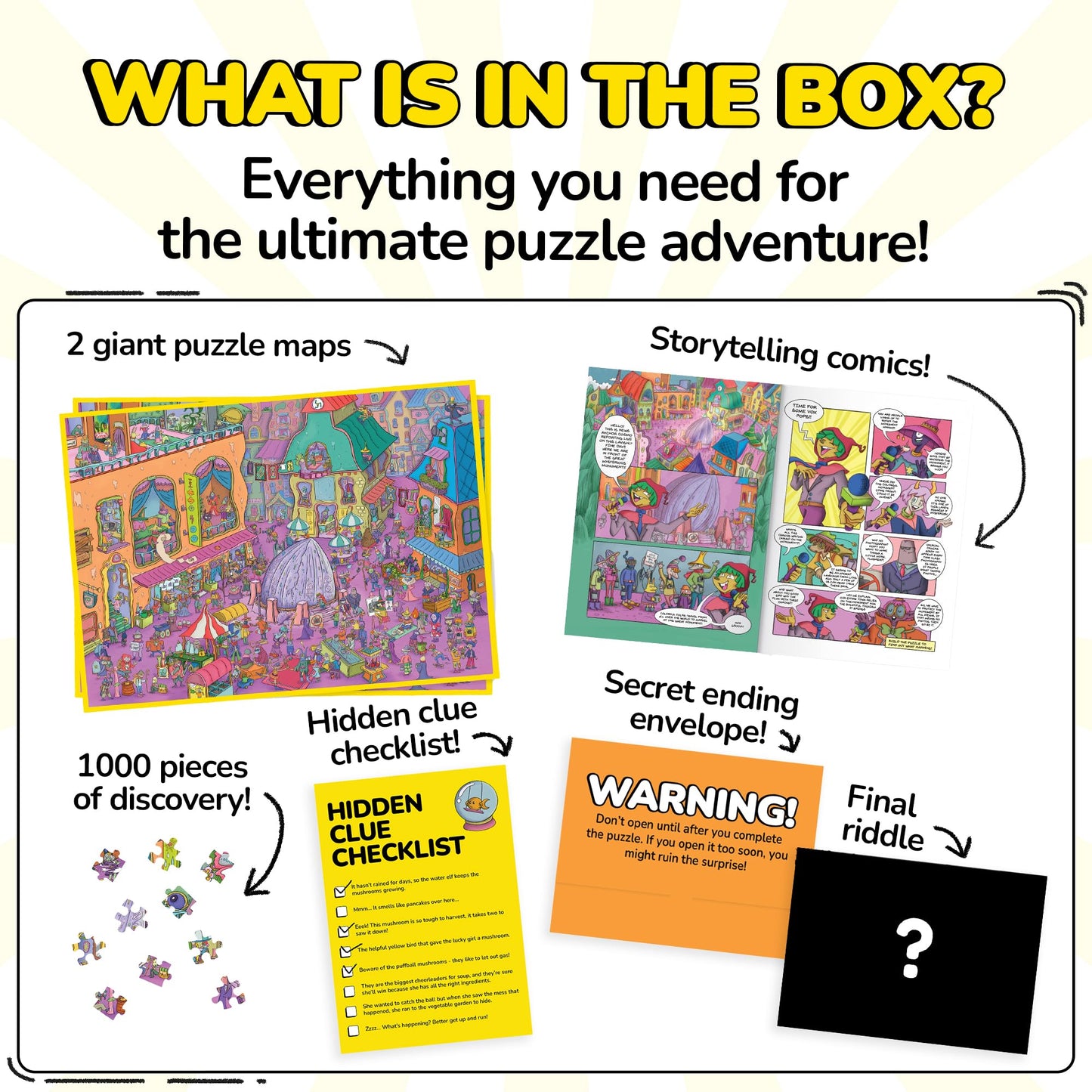 Odd Pieces Jigsaw Puzzles 1000 Pieces with Storytelling Comics, for Women, White Elephant, Mystery Puzzle for Adults & Kids - 19.7'' x 27.6''