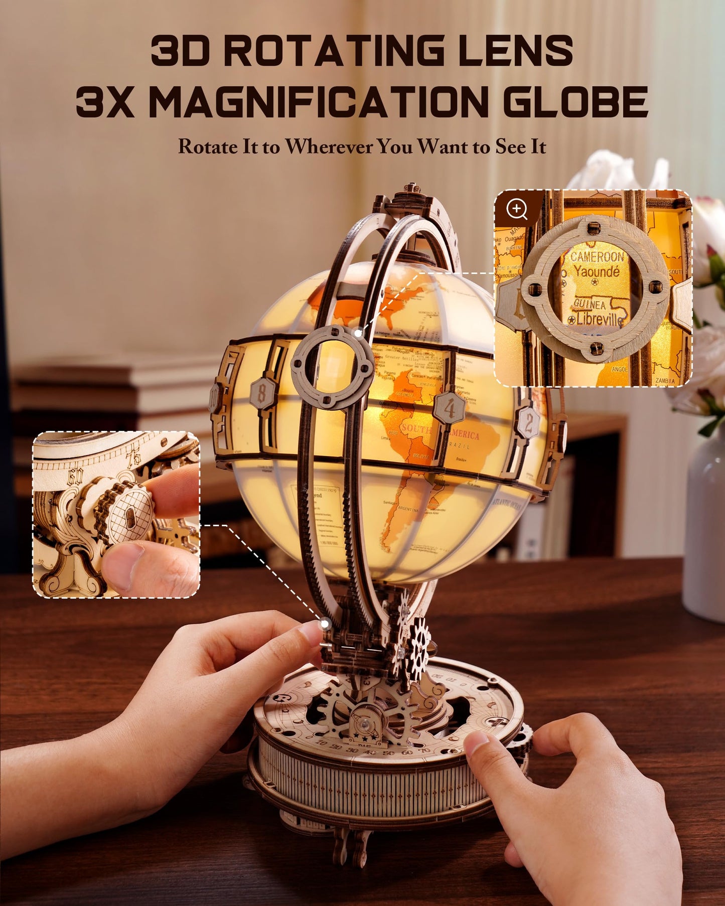 ROBOTIME 3D Wooden Puzzle for Adults - Luminous Globe with Automatic Rotation, ST003 - Wooden 3D Puzzles Building Kit with LED Light - Globe Model