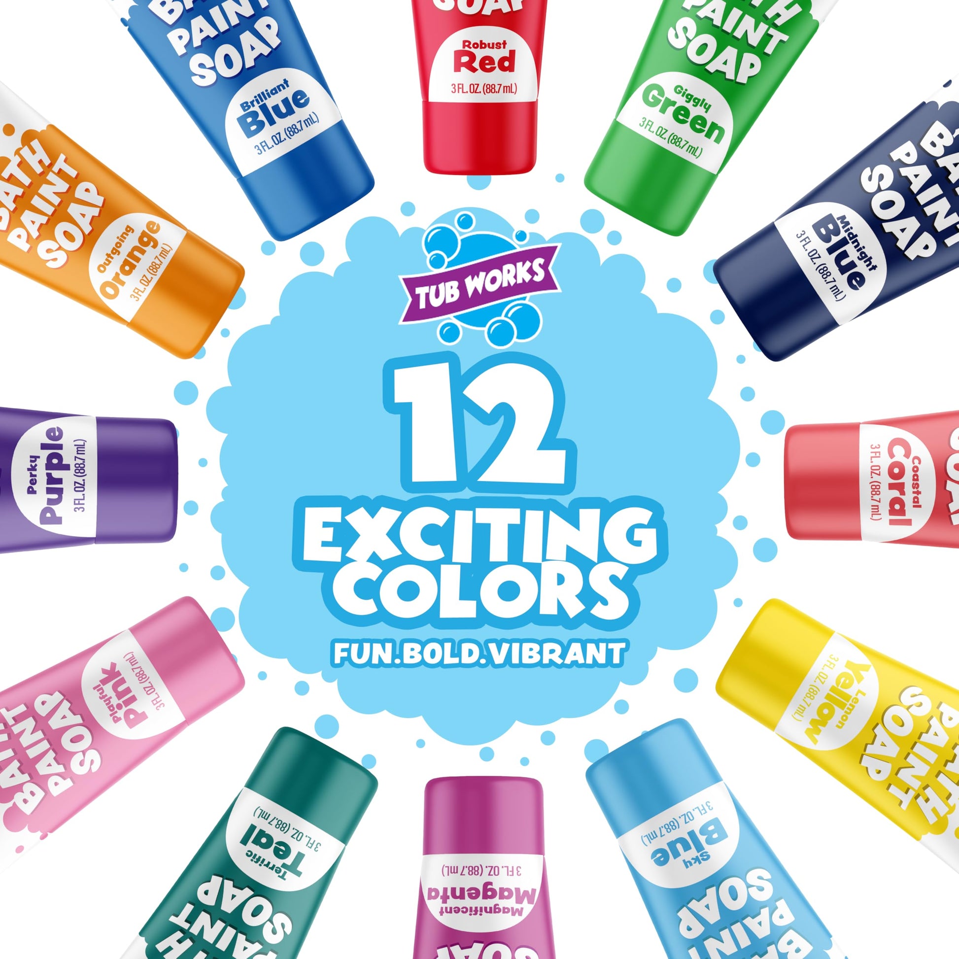 Tub Works® Bath Paint Soap, 12 Pack | Non-Toxic, Washable Bathtub Paint for Toddlers & Kids | Finger Paint in the Tub | Ideal Toddler Bath Toys
