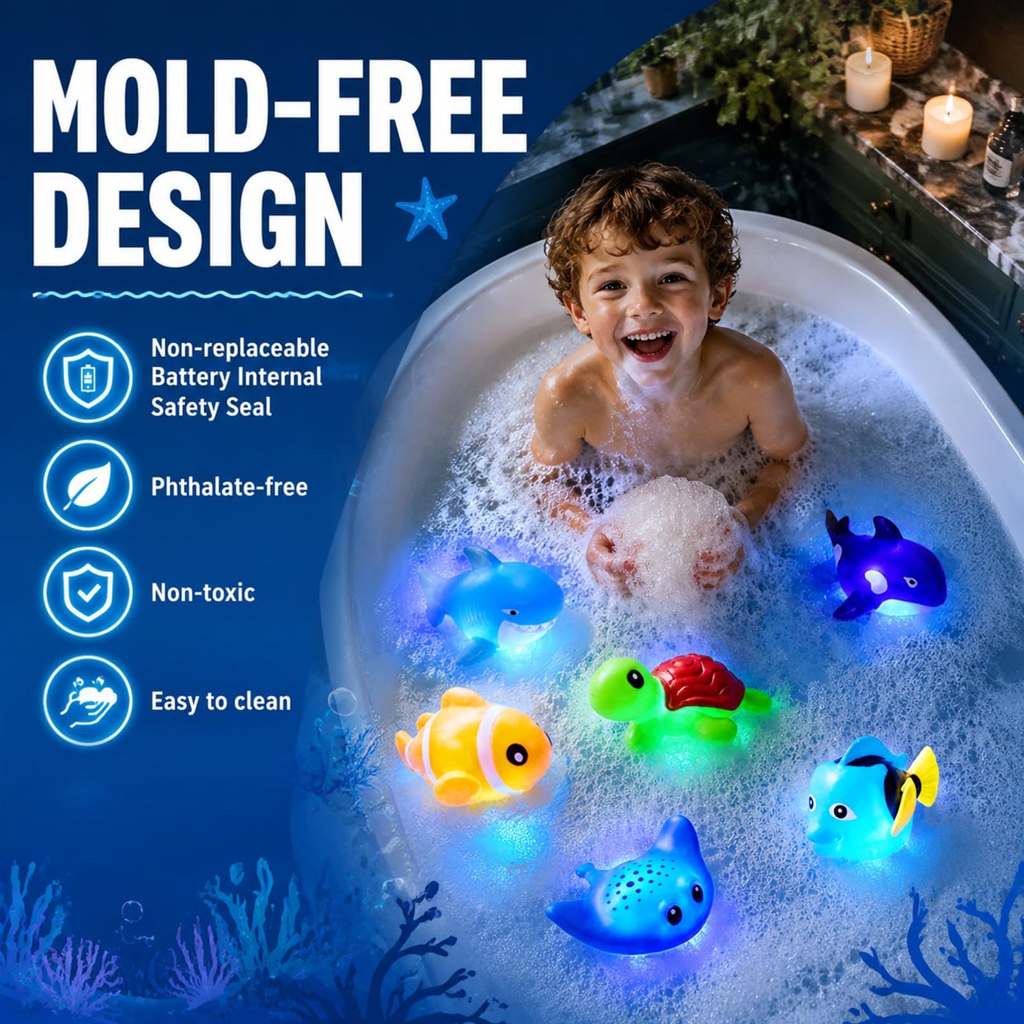 KODGEUSM Light Up Bath Toys,Mold Free No Hole Baby Bath Toys for Toddlers,Water-Activated Lights Flashes and Change Color Ocean Animal,Sensory Toys