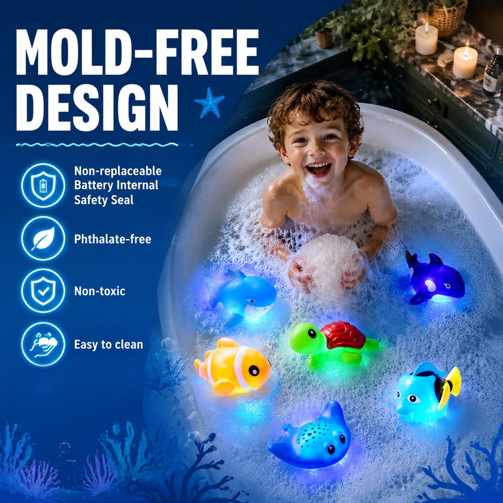 KODGEUSM Light Up Bath Toys,Mold Free No Hole Baby Bath Toys for Toddlers,Water-Activated Lights Flashes and Change Color Ocean Animal,Sensory Toys