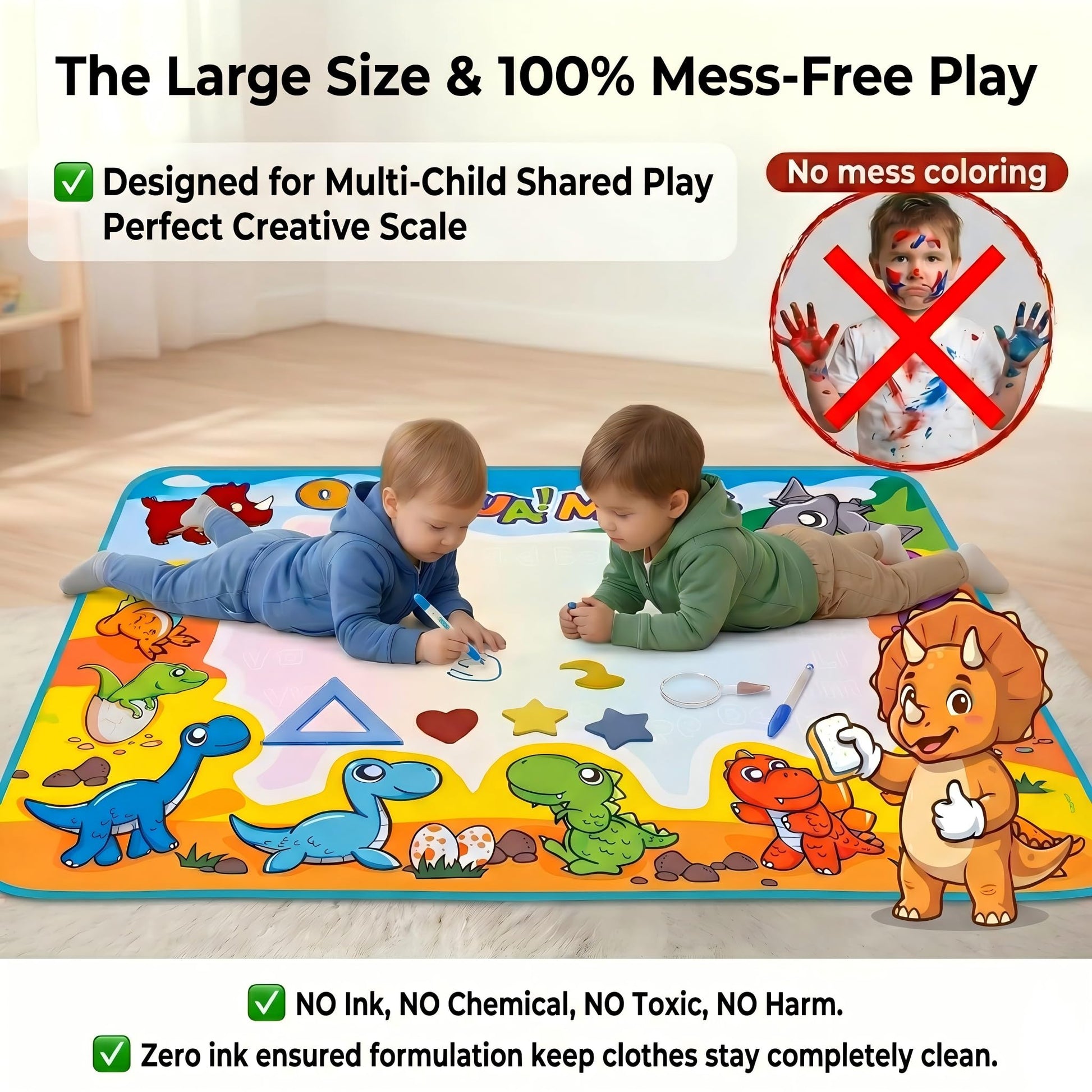 Water Doodle Mat for Toddlers 1-3: Mess-Free Coloring Toy,Dries in 5-10 Mins for Endless Play,Dinosaur Reusable Aqua Painting Board Toddler