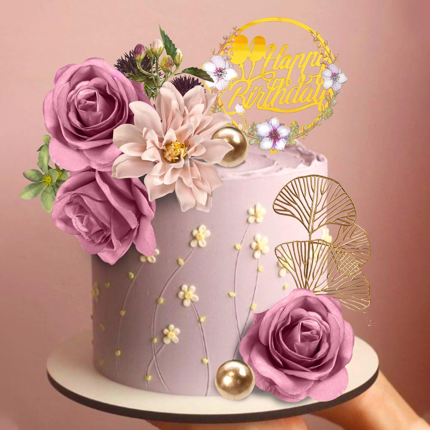 Flower Cake Toppers Happy Birthday Cake Toppers with Artificial Purple Rose Flowers Eucalyptu Leaves for Wedding Supplies (Purple)