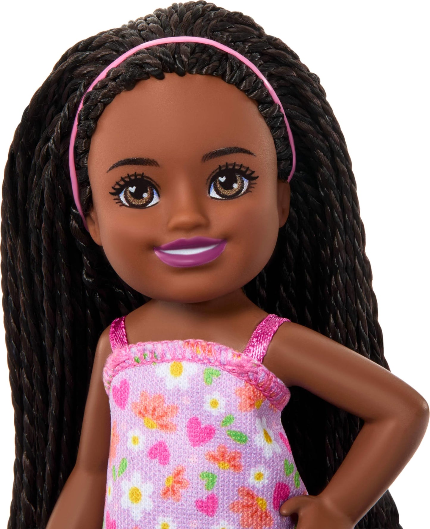 Barbie Club Chelsea Small Doll, 6-Inch Ari with Braided Hair Wearing Removable Flower-Print Dress & Pink Sandals