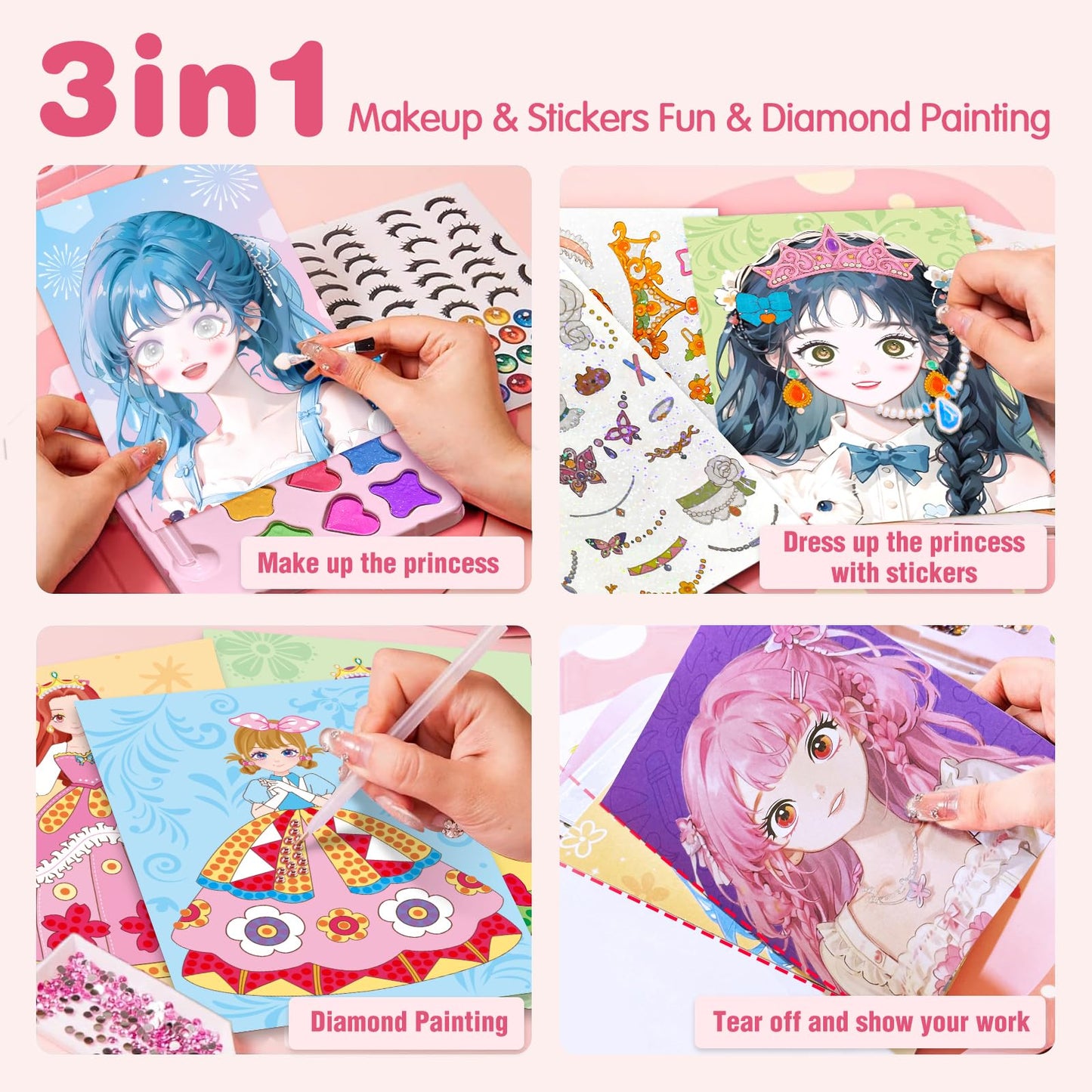 ZHOC Art Craft Activity for Kids, Paper Craft Kits - Paper Makeup DIY Girls Toy Kit with Diamond Painting & Princess Dress Up Set, Travel Toys Ideal