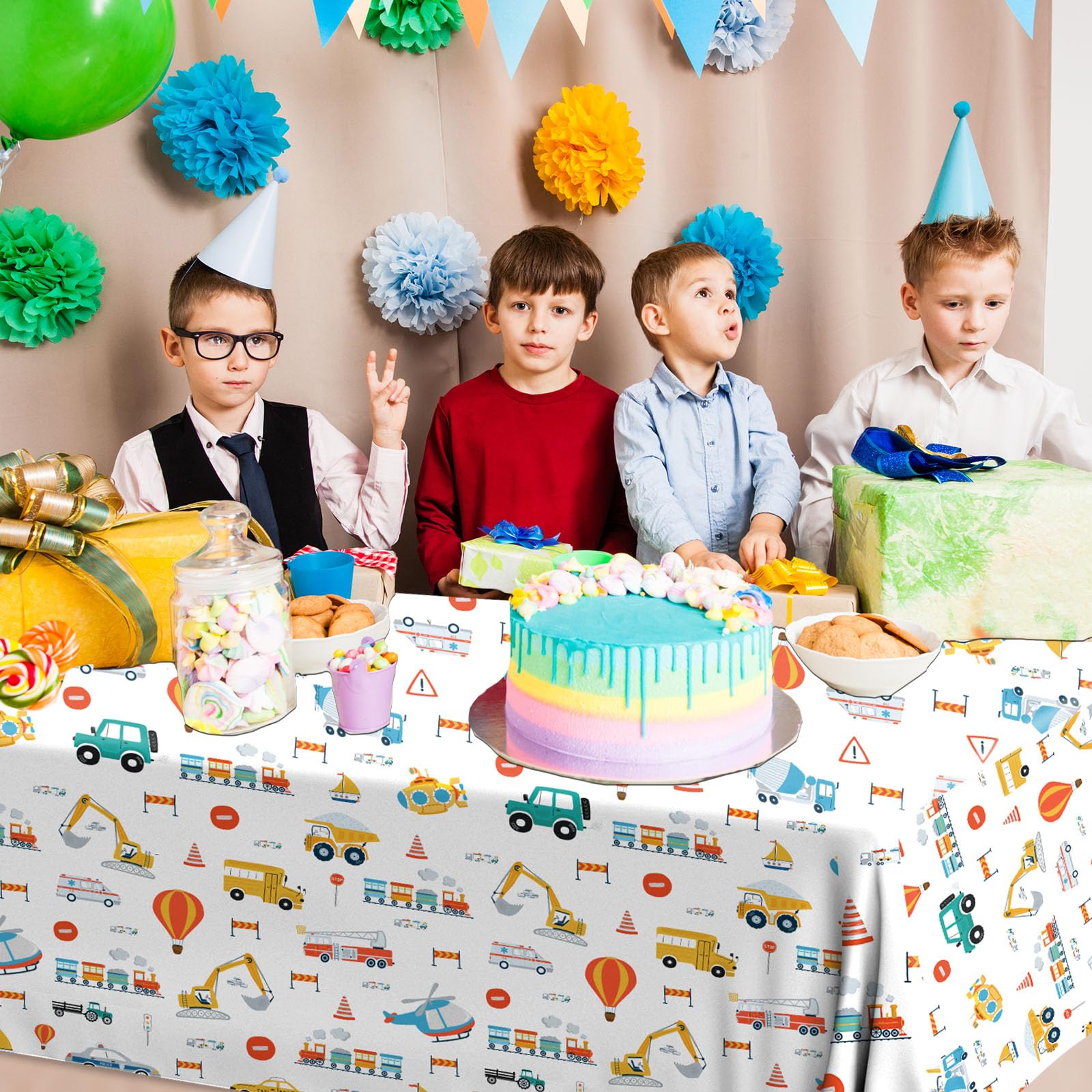 HAKOTI 3Pack Transportation Birthday Tablecloth,Transportation Birthday Party Supplies Rectangular Truck Birthday Plastic Table Covers