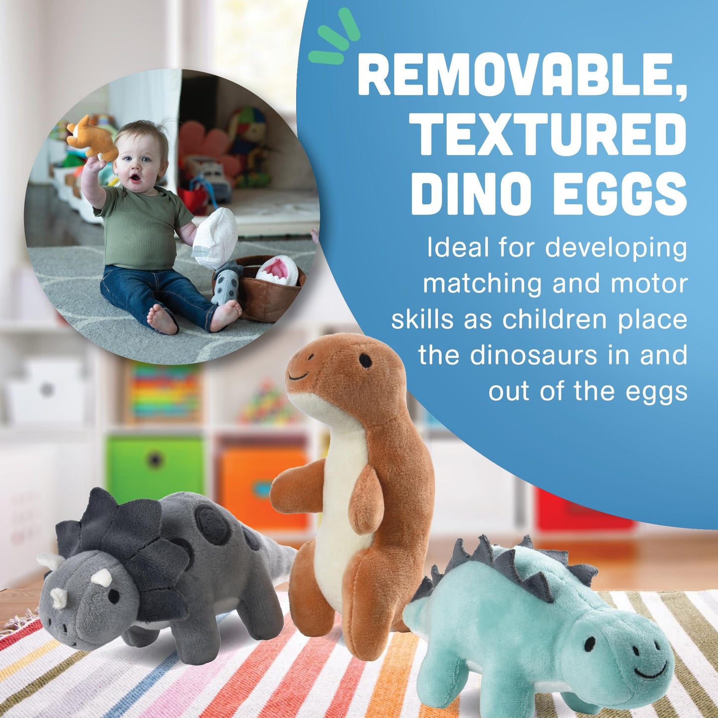 Cre8tive Minds Basket of Baby Dinosaur Plush Dolls, Super Soft Dinosaur Plushy Set, 7-Piece Toddler Toys for All Ages, Includes 3 Dinos, Dino Eggs
