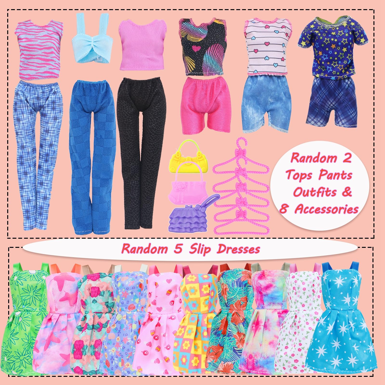 BLIJOLA Doll Clothes 21Pcs Including 3 Fashion Dresses 5 Daily Slip Dresses 2 Casual Tops and Pants Outfits 2 Sequins Dress 1 Swimsuit 3 Bags 5